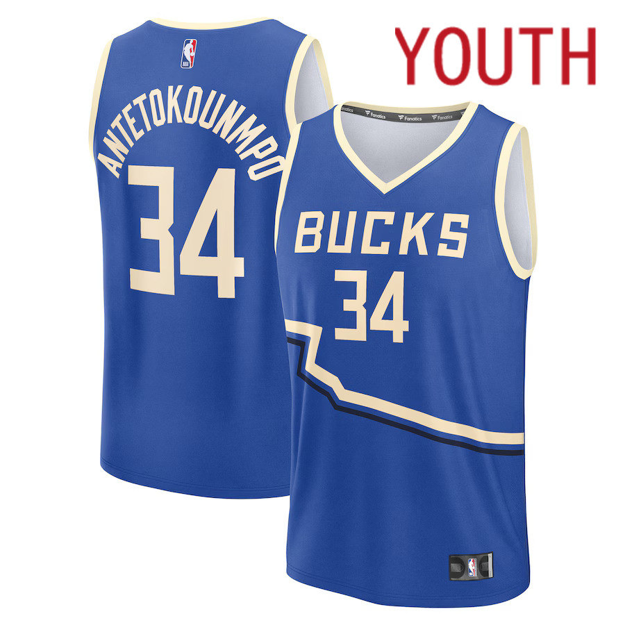 Youth Milwaukee Bucks #34 Giannis Antetokounmpo Fanatics Royal City Edition 2024-25 Fast Break Player NBA Jersey->milwaukee bucks->NBA Jersey